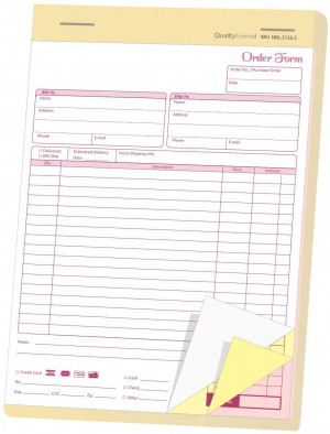 8-1/2 x 11" Carbonless 3 Part Order Forms, Bound Wraparound Cover, White/Canary/Pink, 50 Sets per Book.