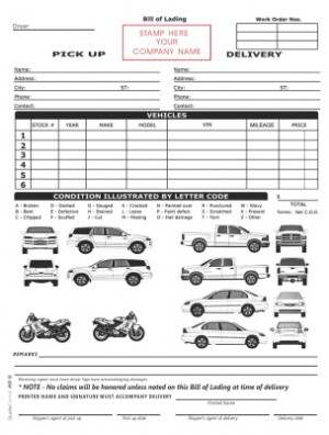 Vehicle Transport Bill of Lading Form, Small Pack, NO NAME Printed