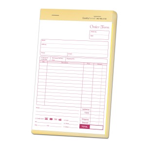 5-1/2 x 8-1/2 Carbonless 2 Part Order Forms, Bound Wraparound Cover, White/Canary, 50 Sets per Book.