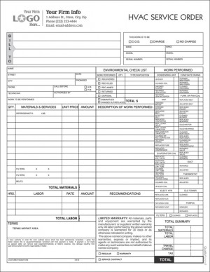 HVAC Service Work Order Form, Imprinted